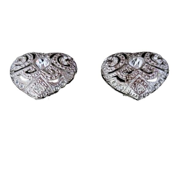 Vintage Carolee Earrings 1" Heart Simulated Diamonds Clip On Silver Filigree EUC - Picture 15 of 15